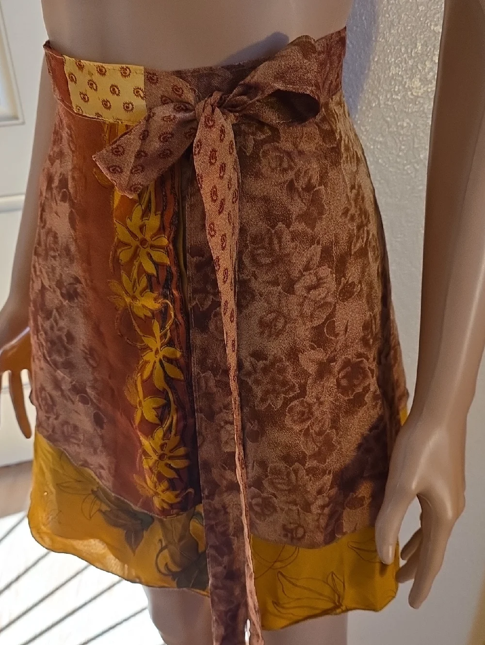 Earthbound Trading Co. Gold Burgundy  Wrap Skirt Mini Polyester Boho